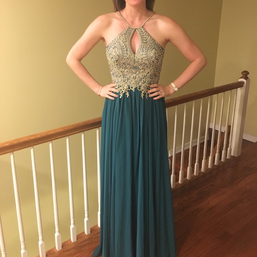 Hunter Green Long formal Dress with Front Keyhole